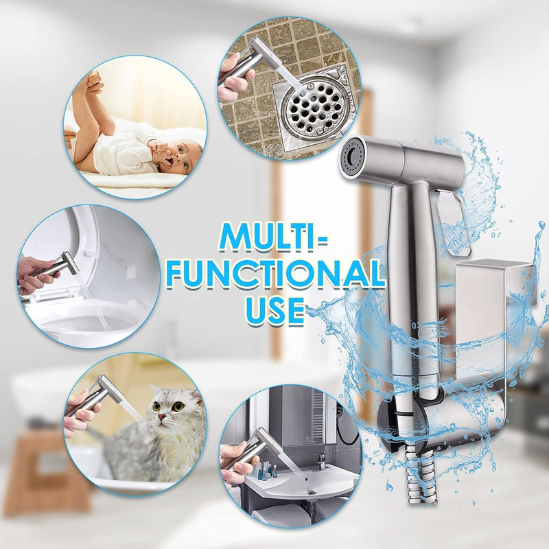 SYOSI Handheld Bidet Sprayer for Toilet-Adjustable Water Pressure Control with Bidet Hose for Feminine Wash, SYOSI Stainless Steel Brushed Nickel Cloth Diaper Bidet Toilet Sprayer