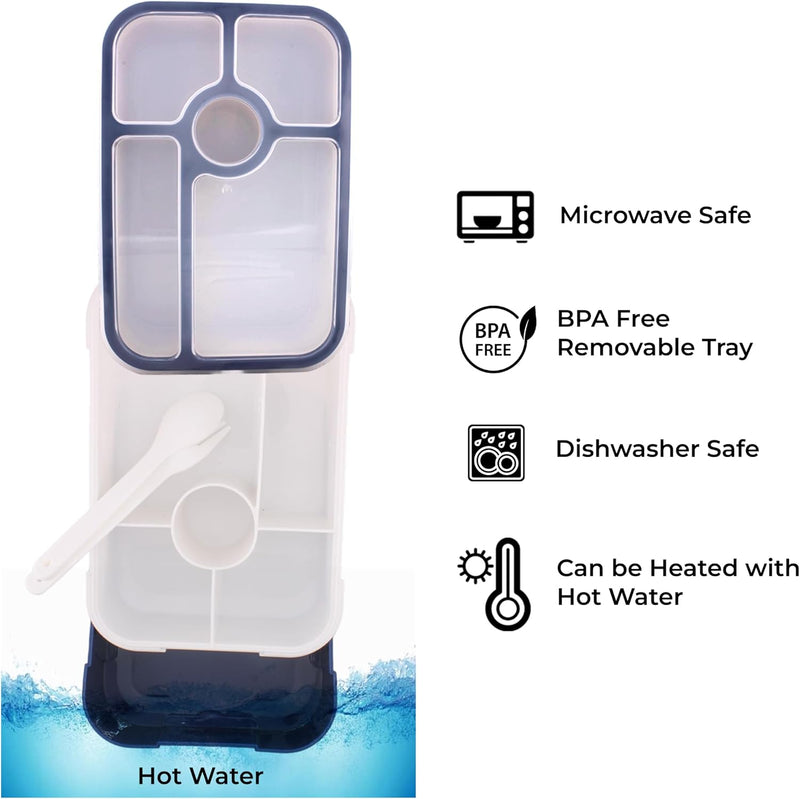 Bento Lunch Box -Leakproof, BPA-Free, Airtight Tiffin with Spoon & Fork- 5 Compartments, 1100ml, Microwave Safe Bento Box For Kids & Adults - Ideal for School & Office (Blue)