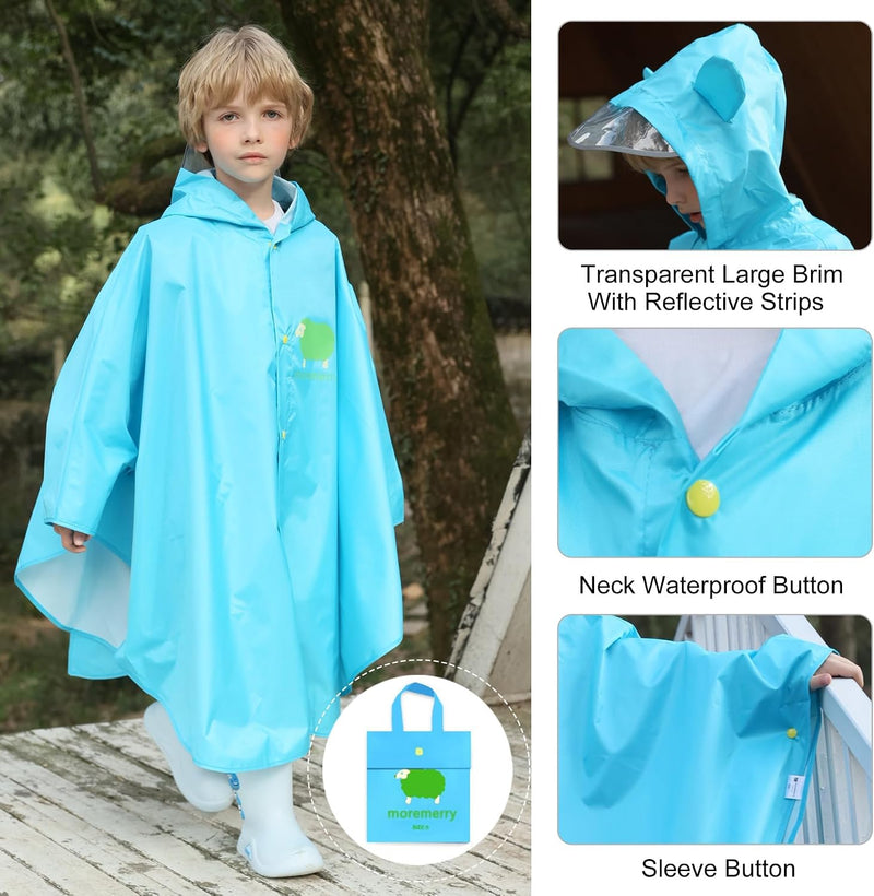 Cartoon Kids Rain Poncho with Hood - Lightweight Waterproof Raincoat for Toddler Boys & Girls, Windproof Reflective Jacket for Outdoor Activities, Packable Cape for Hiking Camping Travel