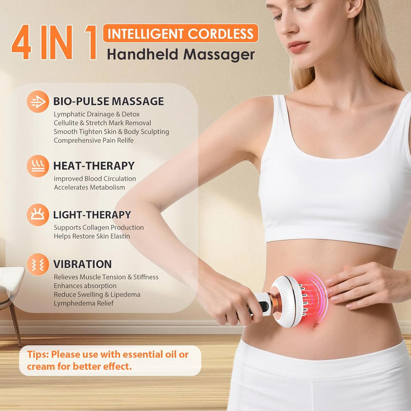 4-in-1 Lymphatic Drainage Massager Anti Cellulite Body Sculpting Device Red Light Heat Vibration, Reduce Cellulite Stretch Marks Fat, for Belly Legs Arms Stomach Pain Relief