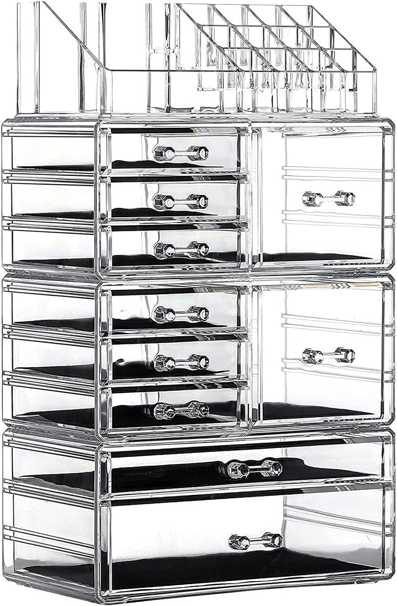 Large Clear Makeup Organizer Skin Care Cosmetic Display Cases Stackable Storage Box With 9 Drawers,Set of 4 By Cq acrylic - 4 Tier 10 Drawers-Medium clear