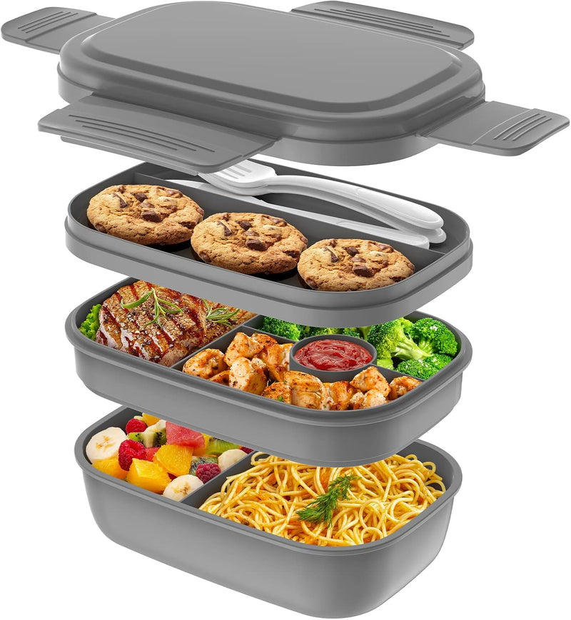 Bento Box Adult Lunch Box,3 Stackable Bento Lunch Containers for Adults/Kids, Modern Minimalist Design Bento Box with Utensil Set, Leak-Proof Lunchbox Bento Box for Dining Out, Work, Picnic, School - Gray