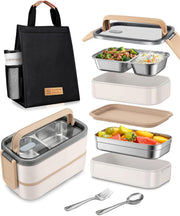 Stainless Steel Lunch Box: 1100ml 2-Layer Insulated Bento Lunch Box for Adults and kids - 304 Lunch Containers Insulated Leakproof with Tableware & Bag - Microwave & Dishwasher Safe (Khaki) - Khaki