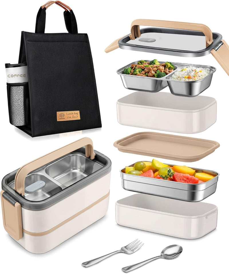 Stainless Steel Lunch Box: 1100ml 2-Layer Insulated Bento Lunch Box for Adults and kids - 304 Lunch Containers Insulated Leakproof with Tableware & Bag - Microwave & Dishwasher Safe (Khaki) - Khaki