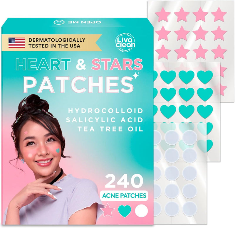 LivaClean Star Pimple Patches for Face w/Hydrocolloid, Salicylic Acid & Tea Tree, 240 Patches, Hydrocolloid Acne Patch, Cute Star Pimple Patch for Healing Stickers Zit Superstar