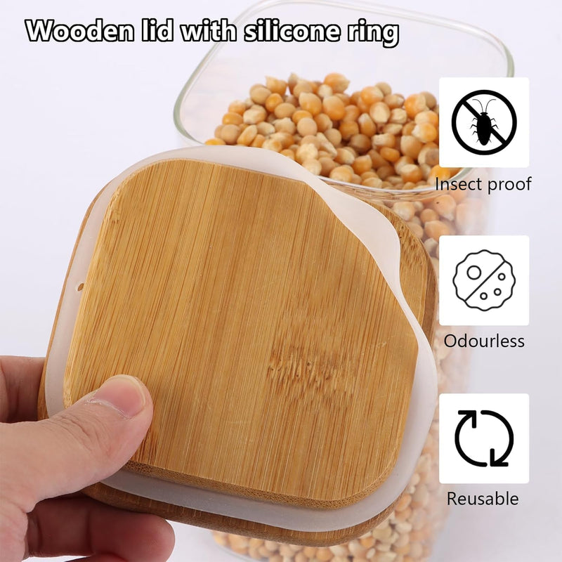 SKY-TOUCH Glass Food Storage Jars Containers set 1.5L,with Airtight Bamboo lids Set of 4,for Spices Noodles Flour Cereal Rice Sugar Tea Coffee Beans, Square (4 Pack, 1500ml)