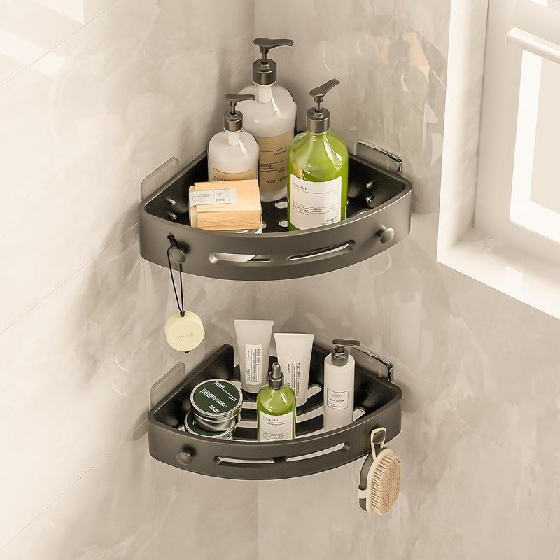 Baytion Bathroom Shelf, 2 Pack Bathroom Organizers and Storage, Thickened ABS Plastic Bathroom Organizer Corner with Super Adhesives, No Drilling, Multifunctional Corner Shower Caddy (Black)