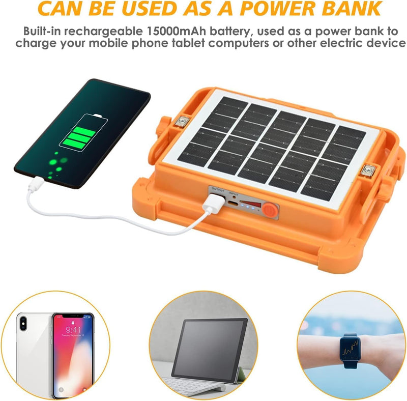 Solar LED Work Lights, 200W Rechargeable Portable USB Flood Light 4 Modes Security Job Site Lighting Waterproof 3000LM for Outdoor Camping Fishing Hiking Car Repairing Emergency