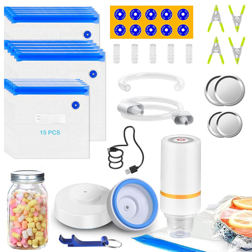RECAT 46 PCS Electric Vacuum Sealer, Sous Vide Bags, Handheld Mason Jar Vacuum Sealer & 15 PCS Reusable Vacuum Food Storage Bags for Anova, Joule Cookers, 4 Cooking Clips, 5 Sealing Clips