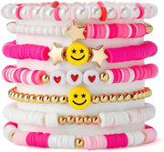 Shining Diva Fashion 7Pcs Combo Latest Stylish Beach Surfer Bracelets Set Colorful Preppy Heishi Bracelet Multilayer Boho Happy Smile Heart Star Stretch Beaded Bracelets Evil Eye Stackable - Pink