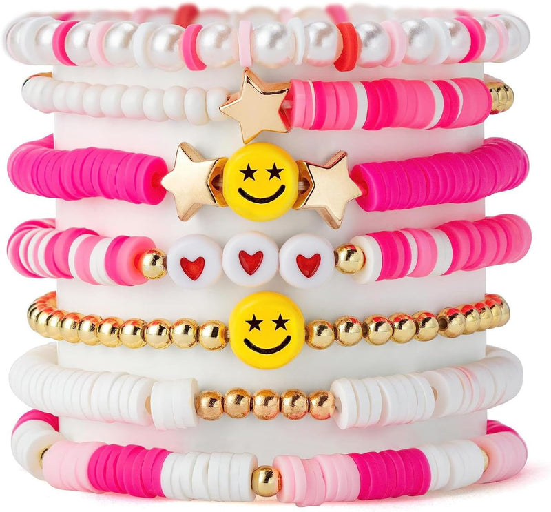 Shining Diva Fashion 7Pcs Combo Latest Stylish Beach Surfer Bracelets Set Colorful Preppy Heishi Bracelet Multilayer Boho Happy Smile Heart Star Stretch Beaded Bracelets Evil Eye Stackable - Pink