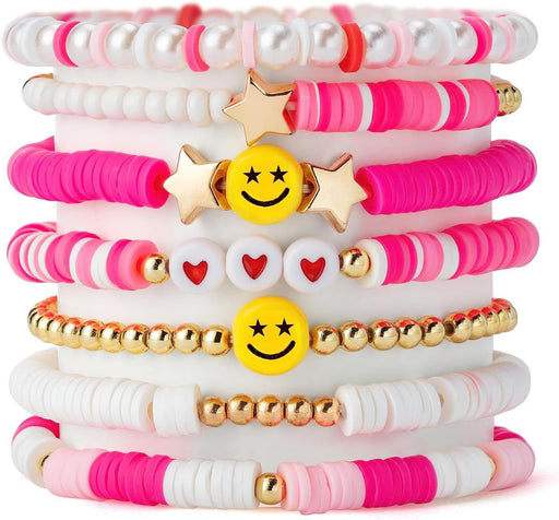 Shining Diva Fashion 7Pcs Combo Latest Stylish Beach Surfer Bracelets Set Colorful Preppy Heishi Bracelet Multilayer Boho Happy Smile Heart Star Stretch Beaded Bracelets Evil Eye Stackable - Pink