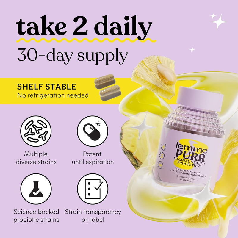Purr l Probiotics for Women - Promotes pH Balance, Healthy l Odor & Urinary Tract Health w/Lactobacillus Blend, Clinically Tested Strains, Pineapple & Vitamin C - 60 Veggie Capsules
