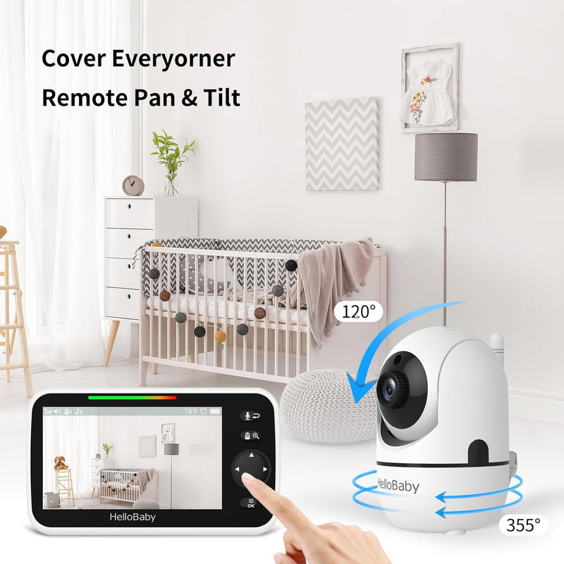 HelloBaby Upgrade Monitor, 5''Sreen with 30-Hour Battery, Pan-Tilt-Zoom Video Baby Monitor with Camera and Audio, Night Vision, VOX, 2-Way Talk, 8 Lullabies and 1000ft Range No WiFi, Ideal Gifts