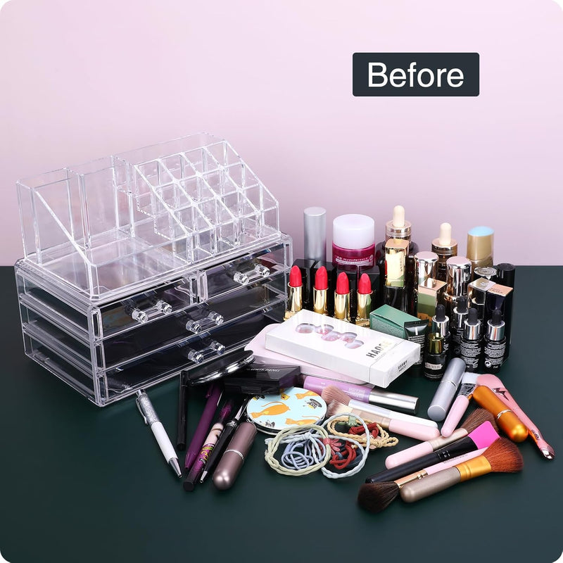 MOSIKER Acrylic Makeup Organizers and Storage with 4 Drawers,Clear Stackable Cosmetic Jewelry Accessories Holder
