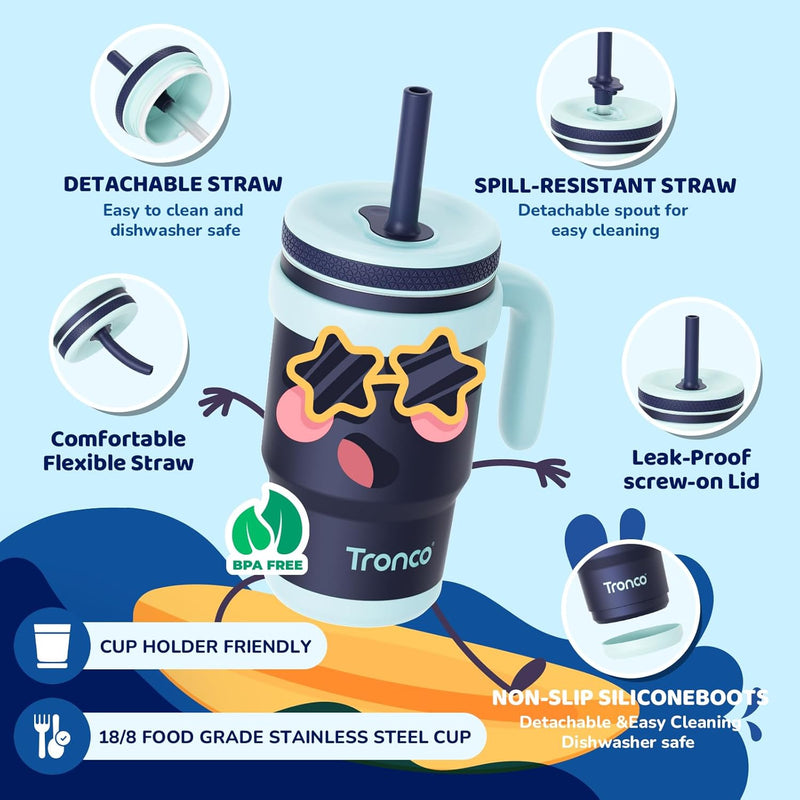 Tronco 14oz Insulated Stainless Steel Kids Travel Cup - BPA-Free Toddler Tumbler with Splash-Proof Flexible Straw, Ergonomic Handle & Splash Guard Lid for Car/Outdoor Use, Easy to Clean