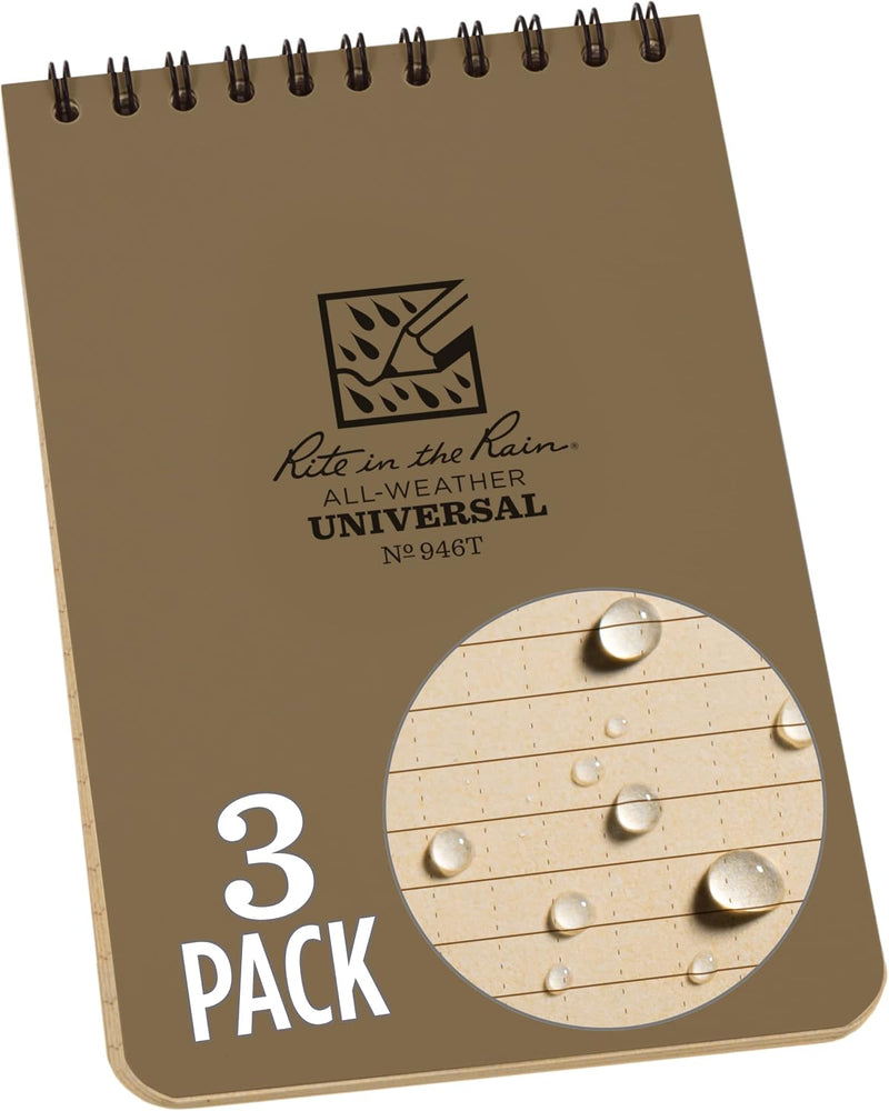 Rite In The Rain Weatherproof Top Spiral Notebook, 10.2 cm x 15.2 cm, Green Cover, Universal Pattern, 3 Pack (No. 946-3) - 3 Pack Tan