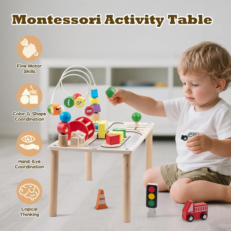 Montessori 7-in-1 Wooden Activity Table, Motor Skills Toy with Shape Sorter, Wooden Toy from 3 Years, Baby Play Table, Birthday Gifts for Boys and Girls from 36 Months