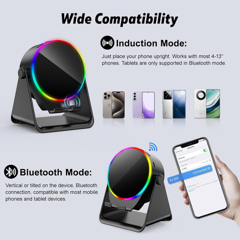 Wireless Induction Speaker 4-in-1 Bluetooth Speaker with Phone Stand and Colorful Ambient Light360 Rotation Compatible with iPhone,Android,iPad,Unique Birthday Gift for Men Women Adults(Black)