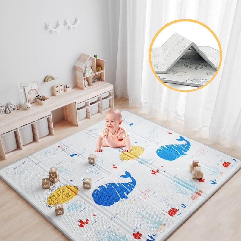 Foldable Baby Play Mat, Featuring Safe Non-Peeling, Antislip XPE Foam Material With Reversible Design Ultra-light, Waterproof Features. Play Matt Baby for Infants N Toddlers - 59" x 59".