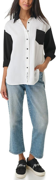 Women's Soft Long Sleeve Colorblock Everyday Fashion Sport Blouse - White Black