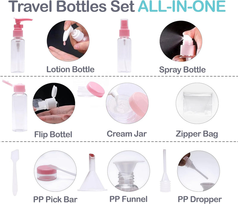 INOVERA (LABEL) 10 Pcs Travel Toiletrie Bottles Kit - Refillable Spray Bottle Containers Pouch for Shampoo, Body Lotion, Cream - Travelling Toiletries Container Set (Pink)