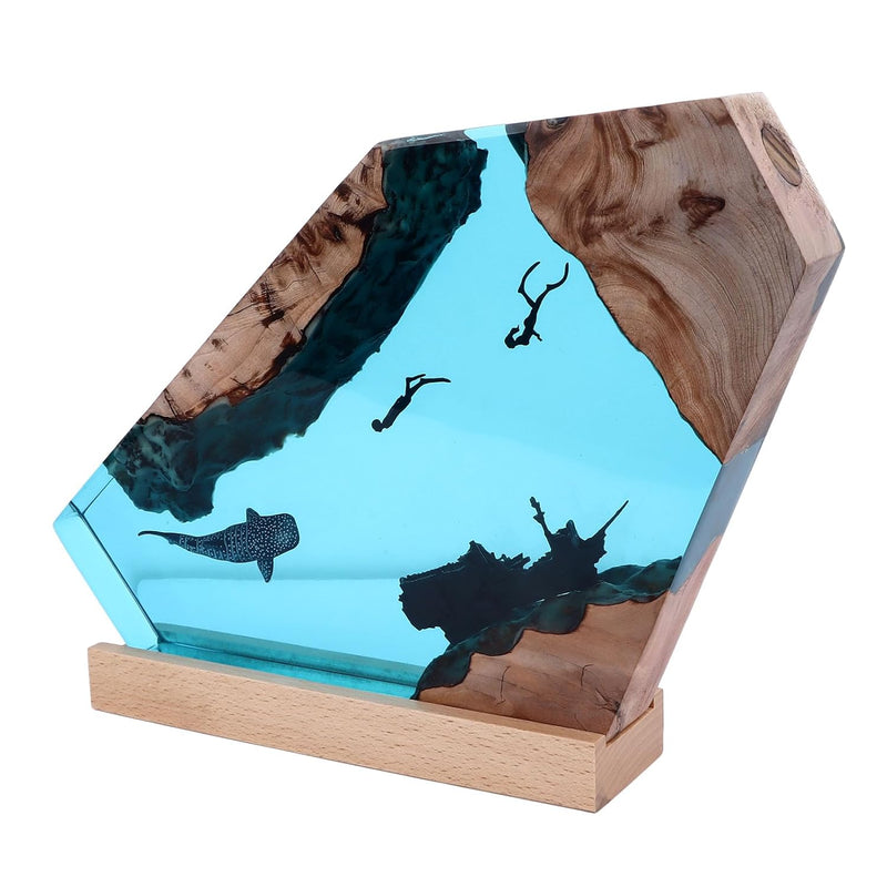 gernie Resin Diver and Humpback Whale LED Night Light, Large Handcrafted Wood Lamp for Home Decor, Desk Ornament