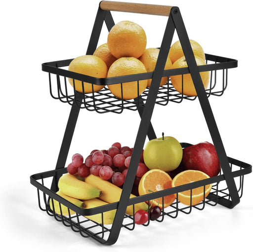 2 Tier Countertop Fruit Storage Basket, Vegetable Rack Bread Display Stand for Kitchen, Black - Black 2Tier