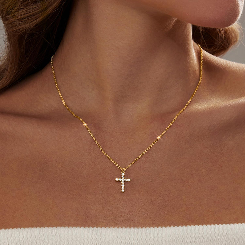 Zeffy Cross Necklace for Women,18K Gold/Silver Plated Tiny Cubic Zirconia Cross Pendant Necklace for Women Simple Layered Cross Necklaces for Women - Gold CZ Cross