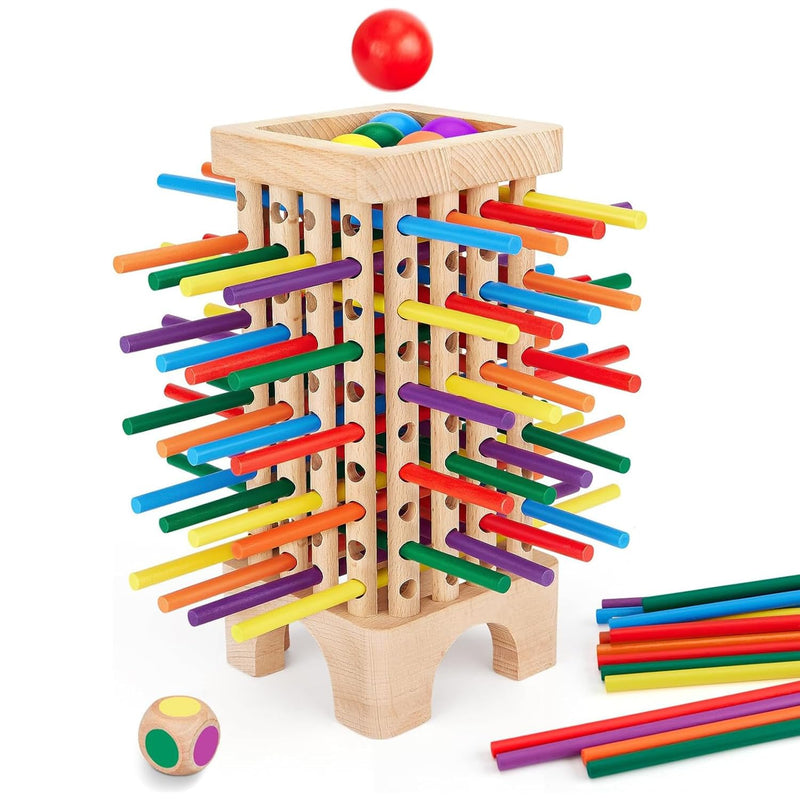TOYBY Wooden Board Game Montessori Toys, 42 Colourful Sticks Dice Game Math Educational Toy, Family Fun Ball Dropping Game, 1 to 6 Players Fine Motor Skills Travel Games for 3 4 5 6 Years Old Boy Girl