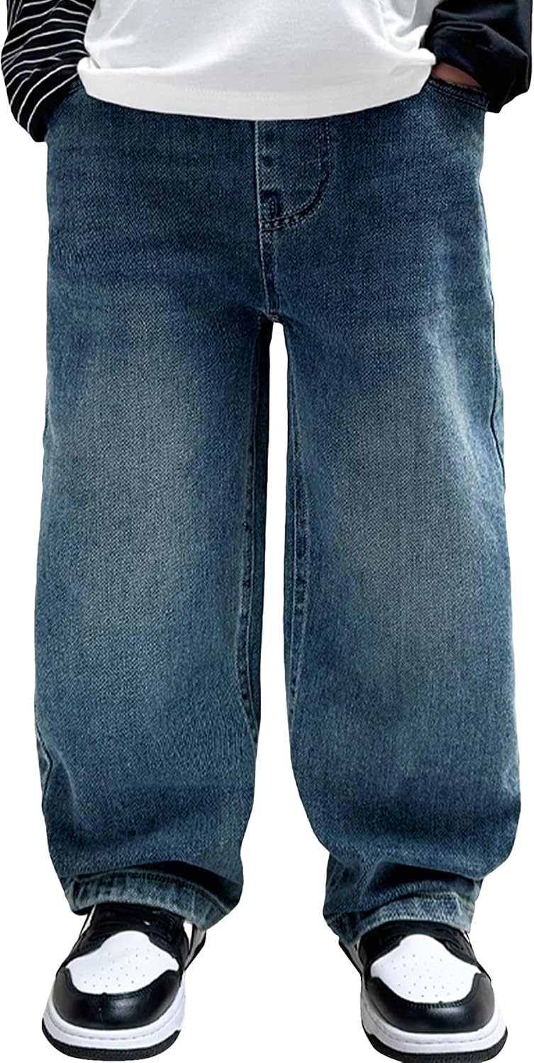 Boys Baggy Jeans Casual Straight Leg Stretchable Denim Wide Leg Loose Vintage for School - Hellblau