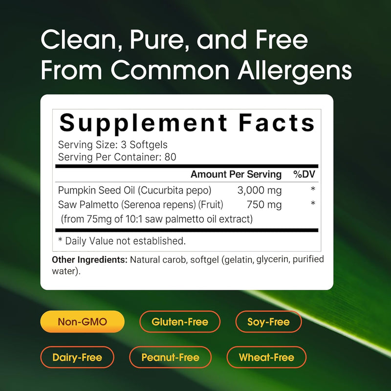 Virgin Pumpkin Seed Oil 3,000mg Per Serving with Saw Palmetto, 240 Softgel Capsules Cold Pressed Rich in Omega 6 & 9 Essential Fatty Acids Prostate & Bladder Supplements, Non-GMO - 240 Count (Pack of 1)
