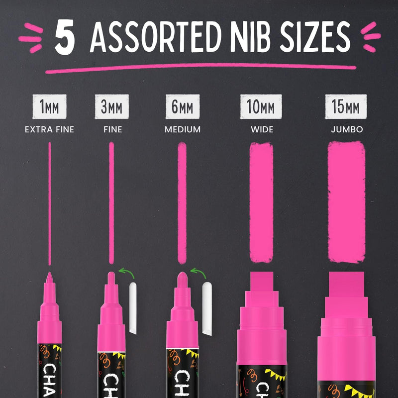 Chalkola 5 White Chalk Markers for Chalkboard Signs, Blackboard, Car Window, Bistro, Glass | 5 Variety Pack - Thin, Fine Tip, Bold & Jumbo Size Erasable Liquid Chalk Pens (1mm, 3mm, 6mm, 10mm, 15mm)