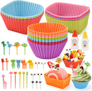72 PCS Silicone Kids Lunch Box Dividers Set, 3 Shapes Multicolor Silicone Cupcake Cases Muffin Cases Baking Cake Molds Cup, Reusable Lunch Bento Box Accessories with Animal Food Picks for Kids Lunch