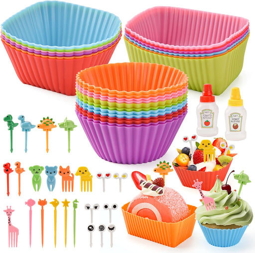 72 PCS Silicone Kids Lunch Box Dividers Set, 3 Shapes Multicolor Silicone Cupcake Cases Muffin Cases Baking Cake Molds Cup, Reusable Lunch Bento Box Accessories with Animal Food Picks for Kids Lunch