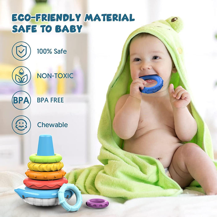 AM ANNA Stacking & Nesting Circle Toy, Infant Rainbow Stacking Rings with Sounds Newborn Toys for 1+ Year Old Boy Girl,Montessori Sensory Squeeze Play with Early Educational Learning Stacking Tower
