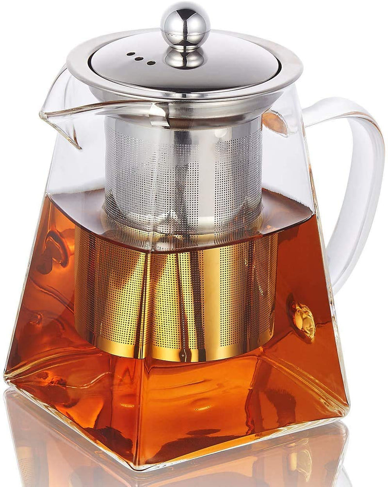 AZSCYN 550ML/18OZ Square Glass Teapot with Heat Resistant Stainless Steel Infuser Perfect for Tea and Coffee, Clear Leaf Teapot with Strainer Lid gift for your family or friends (550ML)