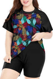 Women's Plus Size 2 Piece Rash Guard Short Sleeve Swimsuit with Boyshorts Swim Shirt UPF 50+ - Floral 5