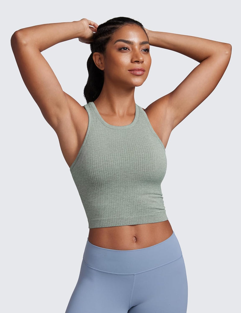 CRZ YOGA Womens Seamless Ribbed Longline High Neck Sports Bra - Racerback Padded Slim Fit Crop Tank Top with Built in Bra