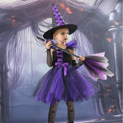 Yoawllty Witch Costume Halloween for Girls with Hat & Broom Fancy Party Dress Up Outfit, Fairytale Witch Costume Cute Witch Costume Set Purple
