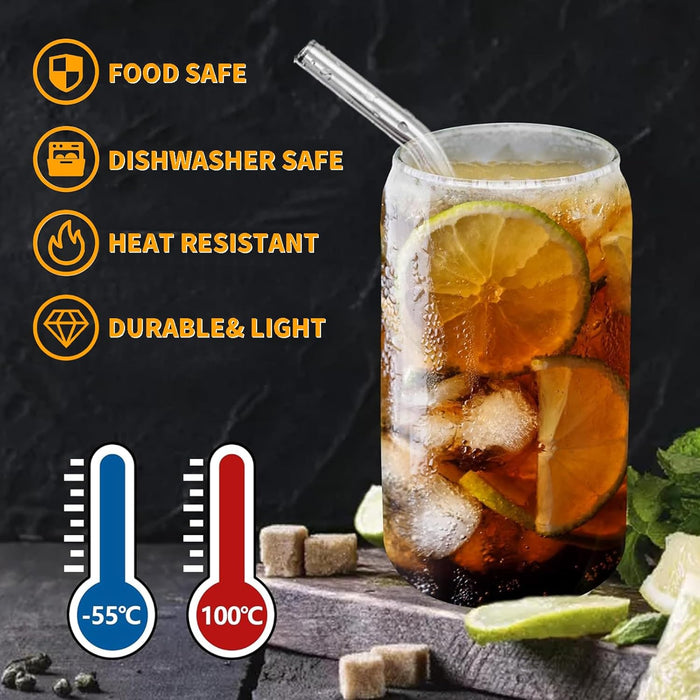 Yoawllty 4 PCS Glass Cups, Drinking Glasses with Bamboo Lids and Glass Straw, 16oz Can Shaped Glass Cups, Cocktail Glasses, Iced Coffee Glass, Cute Tumbler Cup