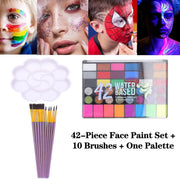 42-Color Oil-Based Face & Body Paint Kit - Professional Waterproof Makeup Palette with Glitter, Pearl & Fluorescent Shades + 10 Brushes & Mixing Palette - for Halloween, Cosplay & Carnival