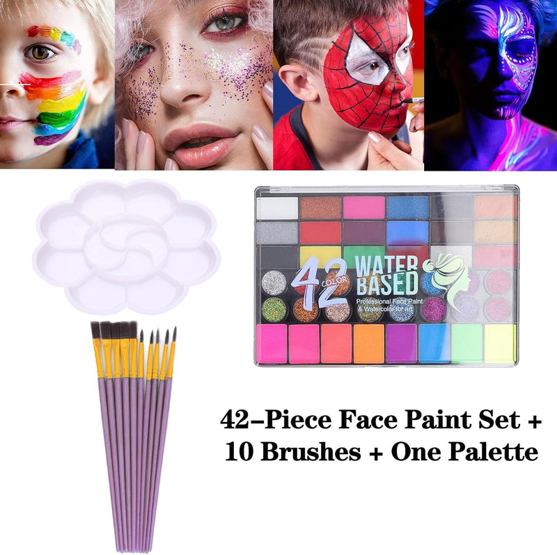 42-Color Oil-Based Face & Body Paint Kit - Professional Waterproof Makeup Palette with Glitter, Pearl & Fluorescent Shades + 10 Brushes & Mixing Palette - for Halloween, Cosplay & Carnival