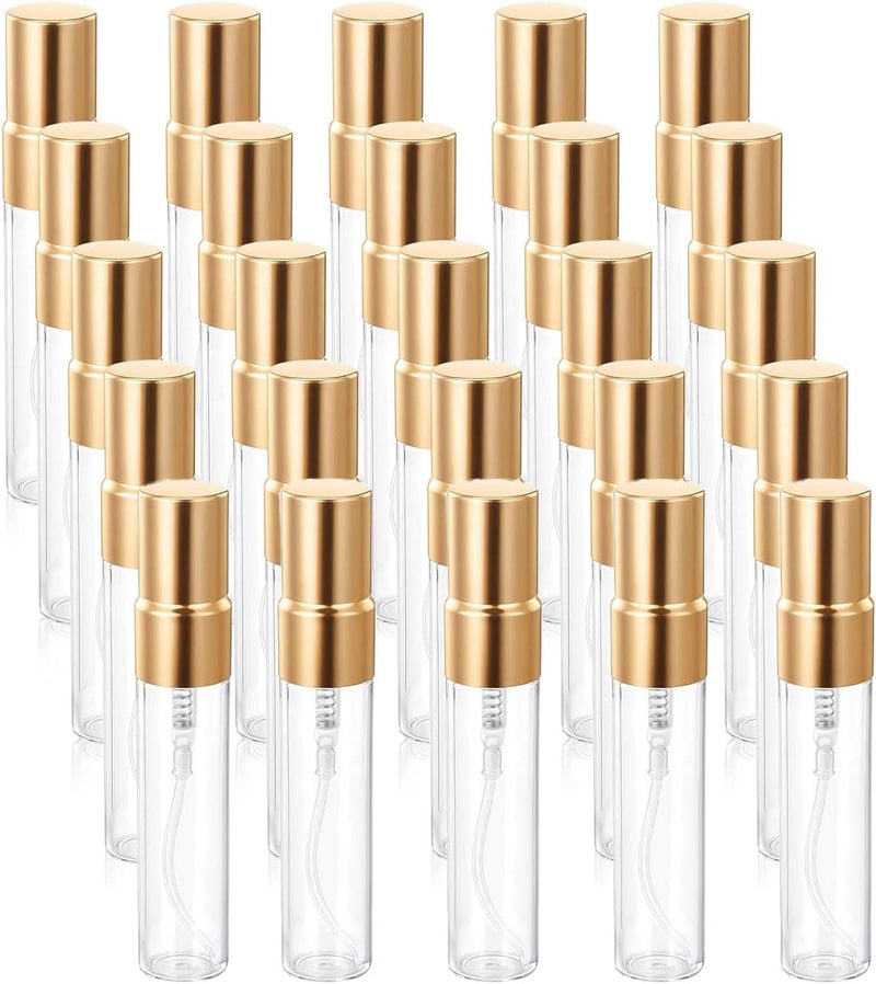 30 Pack 10ml Fine Mist Atomizer Glass Bottle, Mini Clear Spray Vials Empty Refillable Perfume Bottles with Gold Lids, for Fragrance Scent Liquid Sample DIY Sprays (10ml) - 5ml