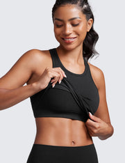 CRZ YOGA Womens Seamless Ribbed Longline High Neck Sports Bra - Racerback Padded Slim Fit Crop Tank Top with Built in Bra
