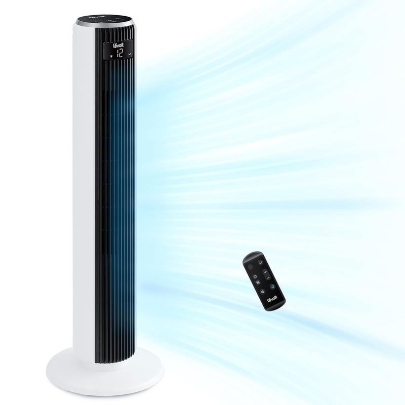 LEVOIT 20dB Silent Tower Fan with Remote Control, 7.9m/s Powerful Fan with DC Motor, 26W Energy, 4 Modes 12 Speeds 12H Timer, Advanced Sleep Mode, Front Display, 90° Oscillation