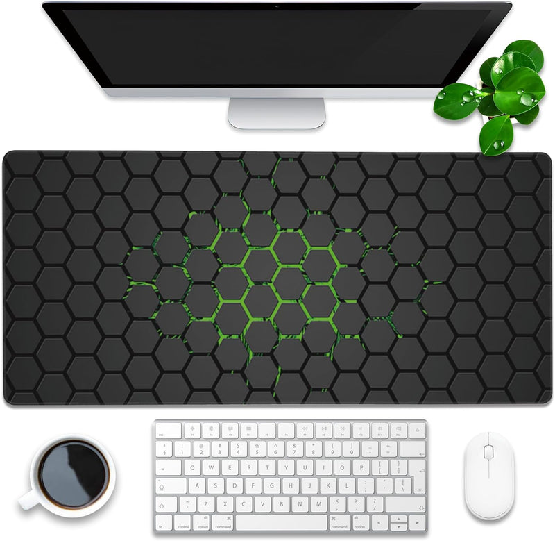 Desk Pad, Green Honeycomb Science Technology Extended Gaming Mouse Pad Large, 35.4"x15.7" Big Mouse Pad with Non-Slip Base and Stitched Edge, Long Computer Keyboard Mouse Mat for Home Office Work - 35.4"x15.7" Green Technology Honeycomb