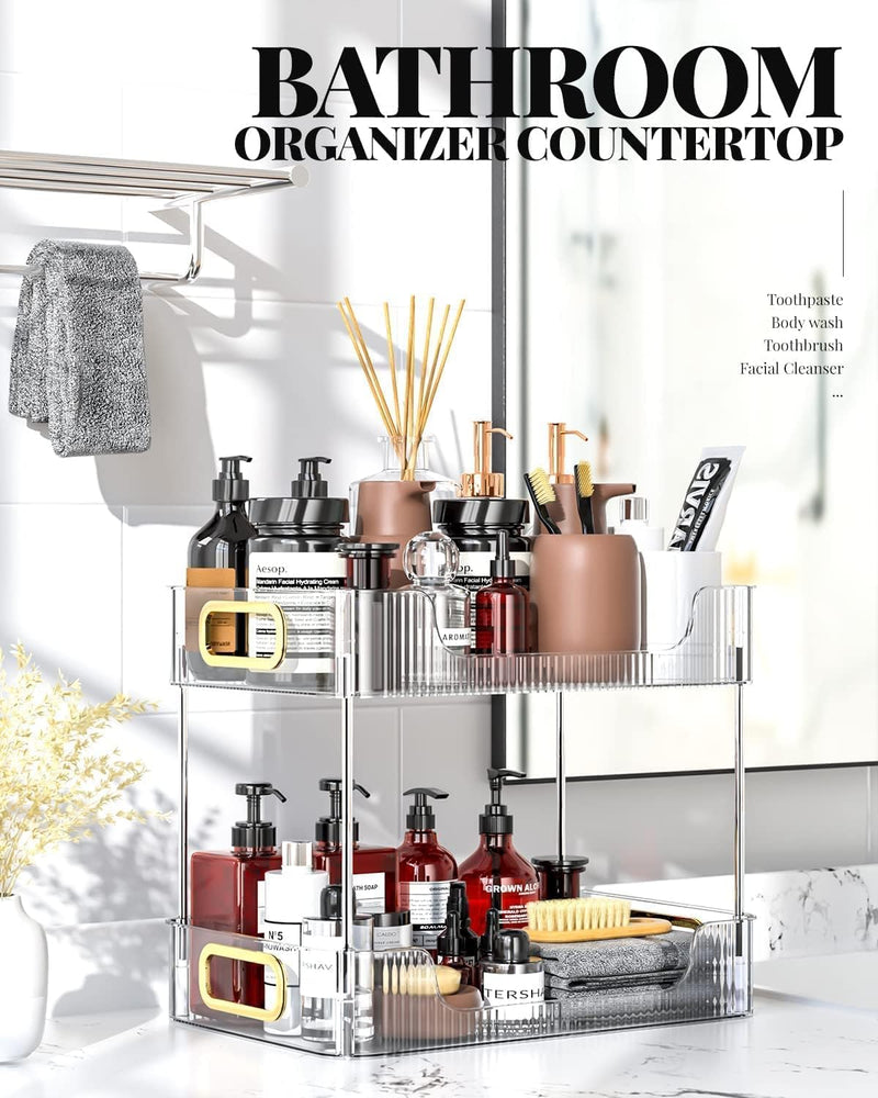 U-HOOME Bathroom Organizer Countertop, Clear Makeup Desk Organzier for Dressing Table, Bathroom Vanity Countertop, 2-Tier Vanity Tray Shelf for Cosmetic, Lotions, Perfume and Toiletries (Clear)