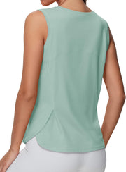 Women's Workout Tank Tops Loose Fit Sleeveless Breathable Yoga Shirts with Side Slits - Light Green