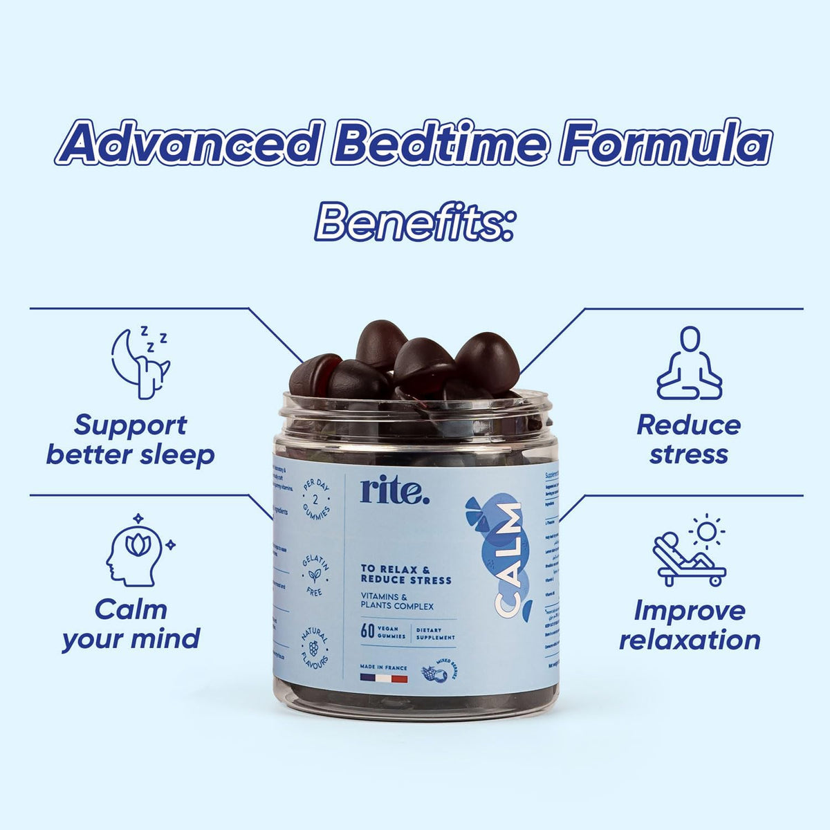 CALM Vegan Vitamin Gummies Adaptogens Botanicals, L-Theanine, Vitamin B6, Vitamin E Reduce stress, support better sleep, improve mood 60 Vegan Gummies Delicious Natural berries flavour – image 2